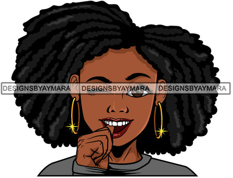 Cute Lola Winking Touching Teeth Playful Gesture Puffy Afro Twist Hairstyle SVG JPG PNG Vector Clipart Cricut Silhouette Cut Cutting