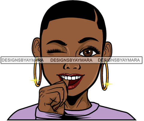 Cute Lola Winking Touching Teeth Playful Gesture Hoop Earrings Short Hairstyle SVG JPG PNG Vector Clipart Cricut Silhouette Cut Cutting