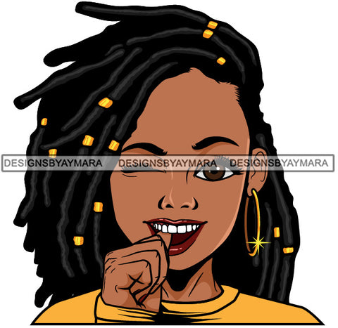 Cute Lola Winking Touching Teeth Playful Gesture Sassy Dreadlocks Hairstyle SVG JPG PNG Vector Clipart Cricut Silhouette Cut Cutting