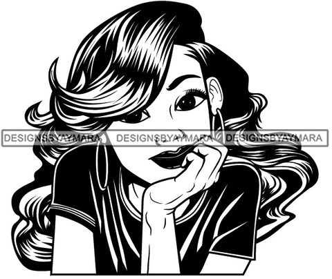 Cute Lola Smiling Portrait Lovely Positive Attitude Long Wavy Hairstyle B/W SVG JPG PNG Vector Clipart Cricut Silhouette Cut Cutting