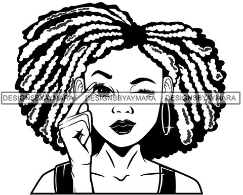 Cute Lola Winking Sign Language Communication Gesture Puffy Afro Twist Hairstyle B/W SVG JPG PNG Vector Clipart Cricut Silhouette Cut Cutting