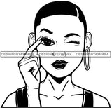 Cute Lola Winking Sign Language Communication Gesture Cool Short Hairstyle B/W SVG JPG PNG Vector Clipart Cricut Silhouette Cut Cutting