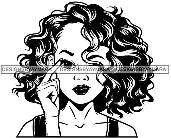 Cute Lola Winking Sign Language Communication Gesture Neck Length Wavy Hairstyle B/W SVG JPG PNG Vector Clipart Cricut Silhouette Cut Cutting