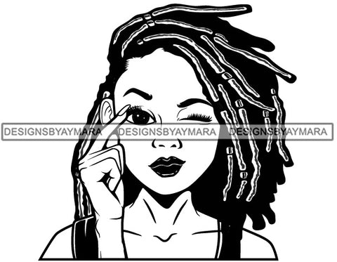 Cute Lola Winking Sign Language Communication Gesture Dreadlock Hairstyle B/W SVG JPG PNG Vector Clipart Cricut Silhouette Cut Cutting