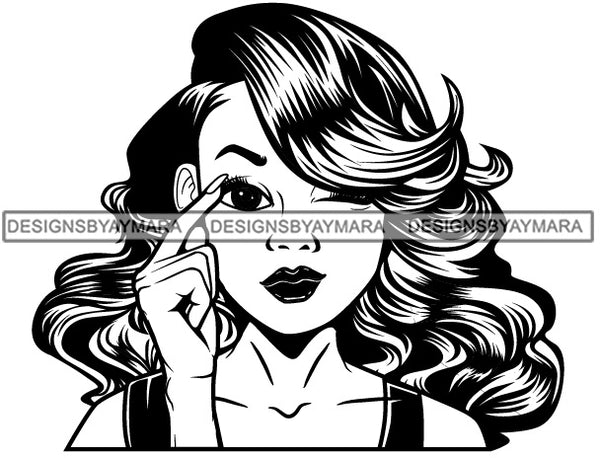 Cute Lola Winking Sign Language Communication Gesture Long Wavy Hairstyle B/W SVG JPG PNG Vector Clipart Cricut Silhouette Cut Cutting