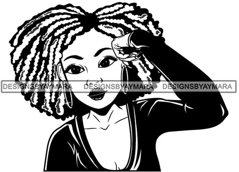 Cute Lola Hand On Temple Thinking Worried Tired Gesture Puffy Afro Twist Hairstyle B/W SVG JPG PNG Vector Clipart Cricut Silhouette Cut Cutting