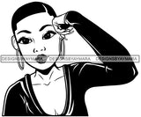 Cute Lola Hand On Temple Thinking Worried Tired Gesture Short Hairstyle B/W SVG JPG PNG Vector Clipart Cricut Silhouette Cut Cutting