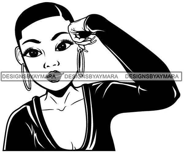 Cute Lola Hand On Temple Thinking Worried Tired Gesture Short Hairstyle B/W SVG JPG PNG Vector Clipart Cricut Silhouette Cut Cutting