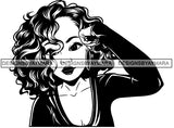 Cute Lola Hand On Temple Thinking Tired Gesture Neck Length Wavy Hairstyle B/W SVG JPG PNG Vector Clipart Cricut Silhouette Cut Cutting
