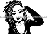 Cute Lola Hand On Temple Thinking Worried Tired Gesture Dreadlock Hairstyle B/W SVG JPG PNG Vector Clipart Cricut Silhouette Cut Cutting