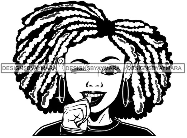 Cute Lola Winking Touching Teeth Playful Gesture Puffy Afro Twist Hairstyle B/W SVG JPG PNG Vector Clipart Cricut Silhouette Cut Cutting