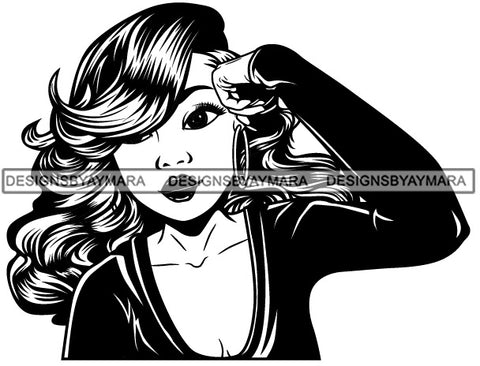 Cute Lola Hand On Temple Thinking Worried Tired Gesture Long Wavy Hairstyle B/W SVG JPG PNG Vector Clipart Cricut Silhouette Cut Cutting