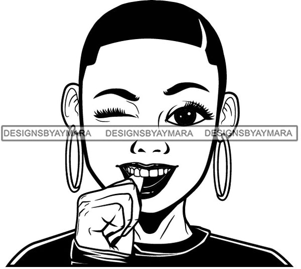 Cute Lola Winking Touching Teeth Playful Gesture Hoop Earrings Short Hairstyle B/W SVG JPG PNG Vector Clipart Cricut Silhouette Cut Cutting