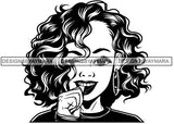 Cute Lola Winking Touching Teeth Playful Gesture Neck Length Wavy Hairstyle B/W SVG JPG PNG Vector Clipart Cricut Silhouette Cut Cutting