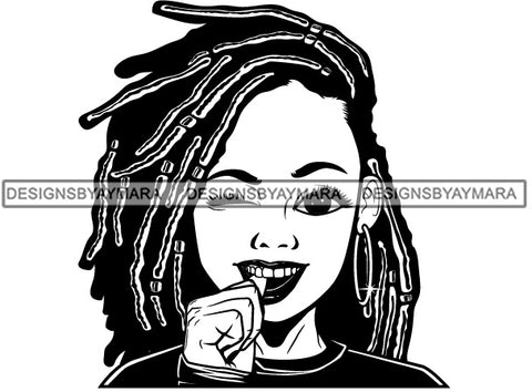 Cute Lola Winking Touching Teeth Playful Gesture Sassy Dreadlocks Hairstyle B/W SVG JPG PNG Vector Clipart Cricut Silhouette Cut Cutting