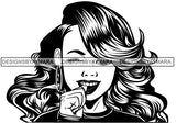 Cute Lola Winking Touching Teeth Playful Gesture Sassy Long Wavy Hairstyle B/W SVG JPG PNG Vector Clipart Cricut Silhouette Cut Cutting