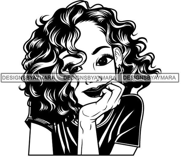 Cute Lola Smiling Portrait Lovely Positive Attitude Neck Length Wavy Hairstyle B/W SVG JPG PNG Vector Clipart Cricut Silhouette Cut Cutting