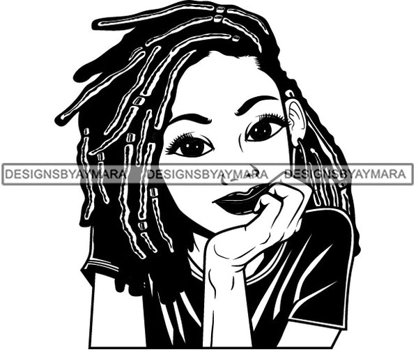 Cute Lola Smiling Portrait Lovely Positive Happy Attitude Dreadlock Hairstyle B/W SVG JPG PNG Vector Clipart Cricut Silhouette Cut Cutting