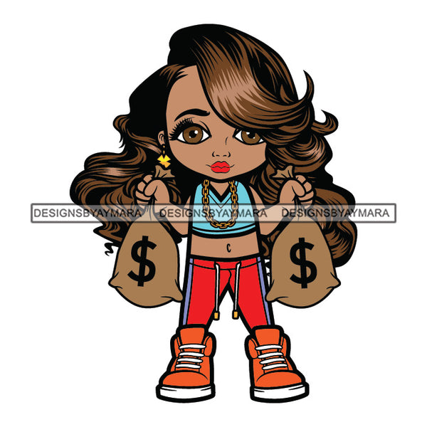 Gangster Afro Lili Caring Bag Of Money Hustler Hustling Woman Urban Hipster Girl Joggers Sneakers Swag Fashion SVG JPG PNG Vector Clipart Cricut Silhouette Cut Cutting