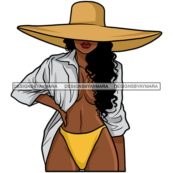 Melanin Woman Big hat Bikini Suit Beach Outfit Curly Hair Sexy Nubian Black Girl Magic SVG JPG PNG Vector Clipart Cricut Silhouette Cut Cutting