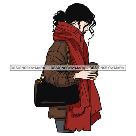 Caucasian Woman Drinking Coffee Winter Outfit Cold Weather SVG JPG PNG Vector Clipart Cricut Silhouette Cut Cutting