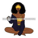Woman Yoga Eye Mask Drinking Coffee Curly Hair Melanin Nubian Black Girl Magic SVG JPG PNG Vector Clipart Cricut Silhouette Cut Cutting