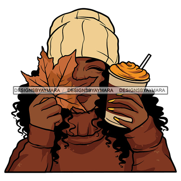 Fall Winter Hat Leaf Woman Coffee Mug Sweater Melanin Nubian Black Girl Magic SVG JPG PNG Vector Clipart Cricut Silhouette Cut Cutting