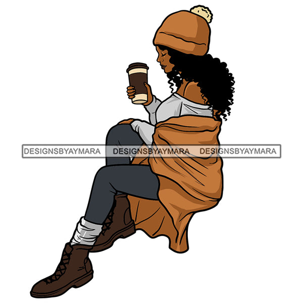 Melanin Woman Sitting Drinking Coffee Winter Outfit Cold Weather Fashion Nubian Black Girl Magic SVG JPG PNG Vector Clipart Cricut Silhouette Cut Cutting