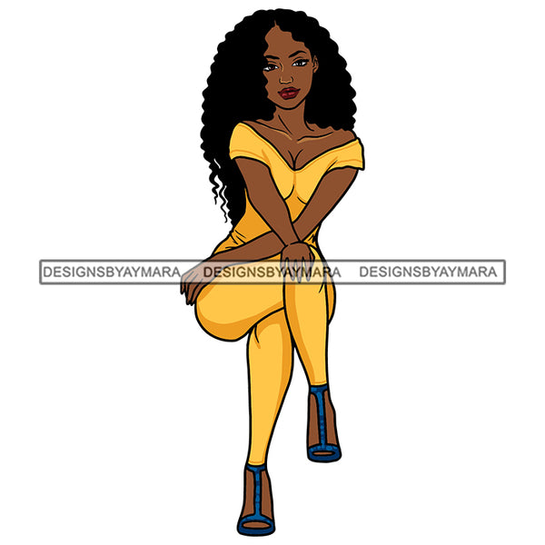 Woman Yellow Jumpsuit Sitting Curly Hair Melanin Nubian Black Girl Magic SVG JPG PNG Vector Clipart Cricut Silhouette Cut Cutting