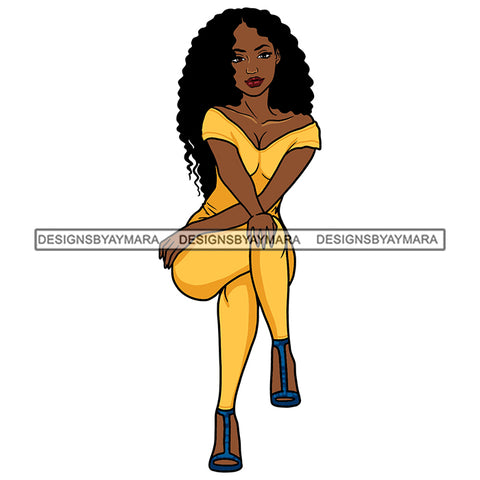 Woman Yellow Jumpsuit Sitting Curly Hair Melanin Nubian Black Girl Magic SVG JPG PNG Vector Clipart Cricut Silhouette Cut Cutting