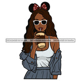 Woman Hair Bow Glasses Drinking Coffee Melanin Nubian Black Girl Magic SVG JPG PNG Vector Clipart Cricut Silhouette Cut Cutting