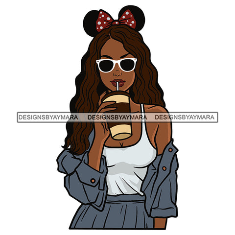 Woman Hair Bow Glasses Drinking Coffee Melanin Nubian Black Girl Magic SVG JPG PNG Vector Clipart Cricut Silhouette Cut Cutting