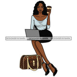 Business Woman Laptop Computer Classy Fashion Bag Drinking Coffee Melanin Nubian Black Girl Magic SVG JPG PNG Vector Clipart Cricut Silhouette Cut Cutting