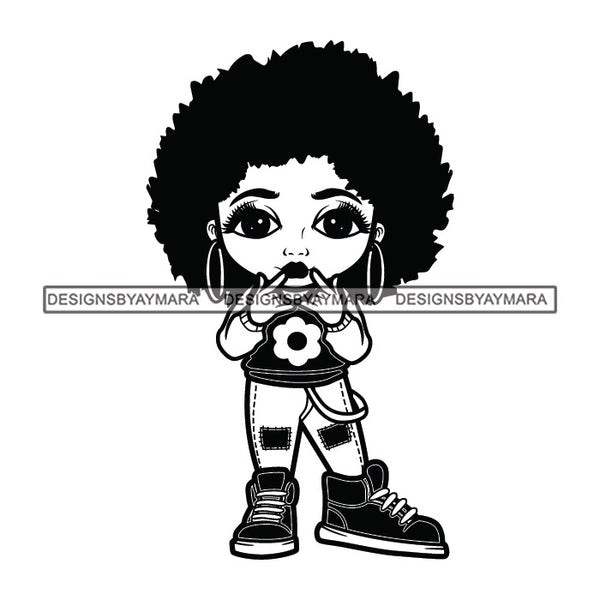 Cute Afro Girl Dancing Hip Hop Dancer Joggers Hoop Earrings Puffy Afro Hairstyle B/W SVG JPG PNG Vector Clipart Cricut Silhouette Cut Cutting