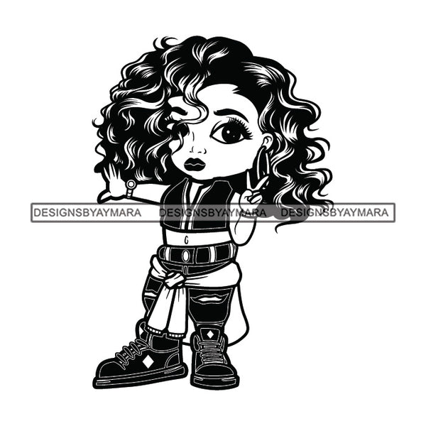 Cute Afro Girl Dancing Hip Hop Fingers Peace Sign Shoulder Length Wavy Hairstyle B/W SVG JPG PNG Vector Clipart Cricut Silhouette Cut Cutting