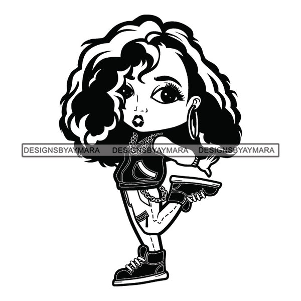 Cute Afro Girl Dancing Hip Hop Dancer Joggers Jacket Long Wavy Hairstyle B/W SVG JPG PNG Vector Clipart Cricut Silhouette Cut Cutting