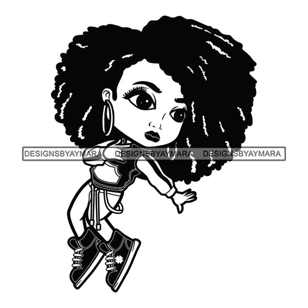 Cute Afro Girl Dancing Hip Hop Dancer Joggers Jacket Dreadlocks Hairstyle B/W SVG JPG PNG Vector Clipart Cricut Silhouette Cut Cutting