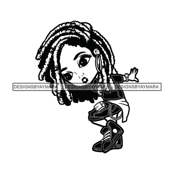 Cute Afro Girl Dancing Hip Hop Acrobatic Dance Music Dreadlocks Beads Hairstyle B/W SVG JPG PNG Vector Clipart Cricut Silhouette Cut Cutting