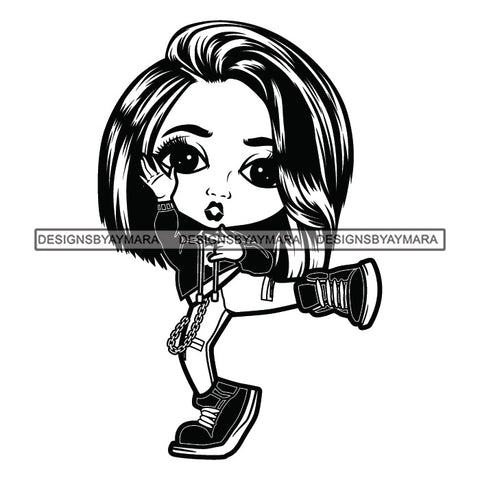 Cute Afro Girl Dancing Hip Hop Joggers Sweater Shoulder Length Straight Hairstyle B/W SVG JPG PNG Vector Clipart Cricut Silhouette Cut Cutting