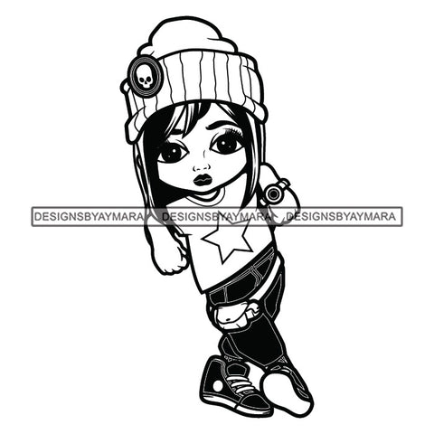 Cute Afro Girl Dancing Hip Hop Urban Dance Wearing Beanie Joggers Sneakers B/W SVG JPG PNG Vector Clipart Cricut Silhouette Cut Cutting