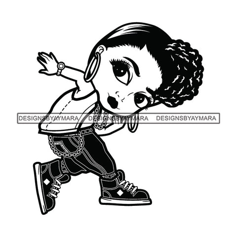 Cute Afro Girl Dancing Hip Hop Urban Dance Wearing Joggers Sneakers Braided Updo B/W SVG JPG PNG Vector Clipart Cricut Silhouette Cut Cutting