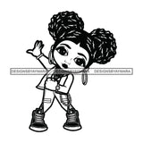 Cute Afro Girl Dancing Hip Hop Urban Dance Braided Pigtails Buns Hairstyle B/W SVG JPG PNG Vector Clipart Cricut Silhouette Cut Cutting