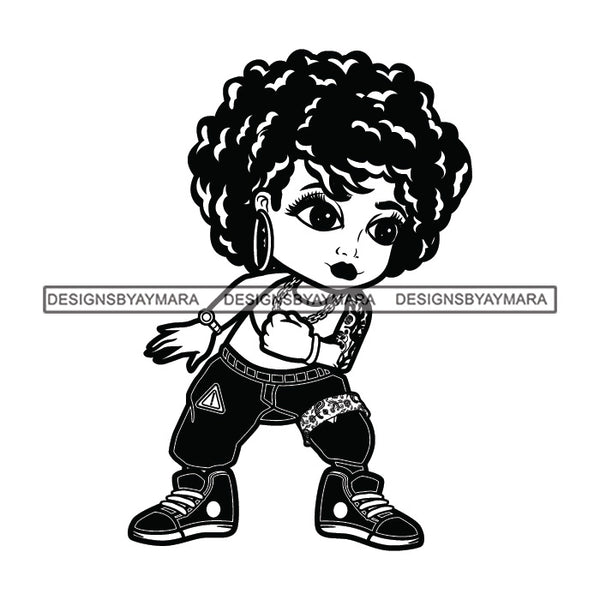 Cute Afro Girl Dancing Hip Hop Urban Dance Wearing Joggers Puffy Afro Hairstyle B/W SVG JPG PNG Vector Clipart Cricut Silhouette Cut Cutting