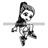 Cute Afro Girl Dancing Hip Hop Urban Dance Wearing Joggers Braided Ponytail Hairstyle B/W  SVG JPG PNG Vector Clipart Cricut Silhouette Cut Cutting