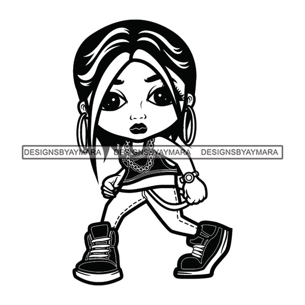 Cute Afro Girl Dancing Hip Hop Urban Dance Joggers Sneakers Dyed Bangs Hairstyle B/W SVG JPG PNG Vector Clipart Cricut Silhouette Cut Cutting