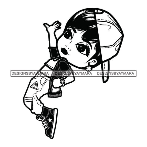 Cute Afro Girl Dancing Hip Hop Urban Dance Baseball Cap Backward Short Hairstyle B/W SVG JPG PNG Vector Clipart Cricut Silhouette Cut Cutting