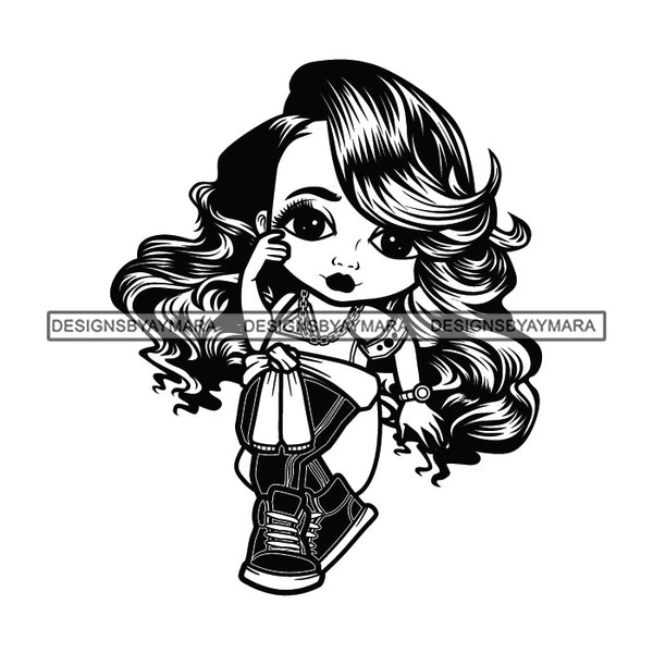 Cute Afro Girl Dancing Hip Hop Wearing Tie Sweater Around Waist Long Wavy Hairstyle B/W SVG JPG PNG Vector Clipart Cricut Silhouette Cut Cutting