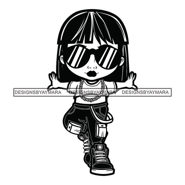 Cute Afro Girl Dancing Hip Hop Performer Joggers Sunglasses Bob Haircut Bangs B/W SVG JPG PNG Vector Clipart Cricut Silhouette Cut Cutting