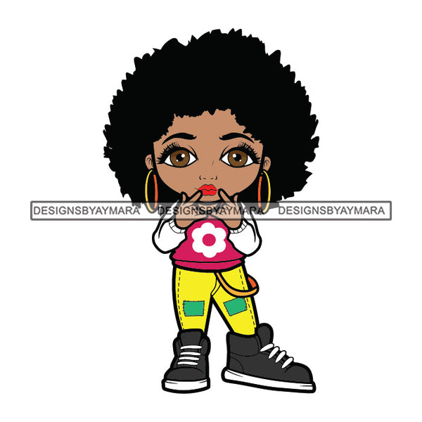 Cute Afro Girl Dancing Hip Hop Dancer Joggers Hoop Earrings Puffy Afro Hairstyle SVG JPG PNG Vector Clipart Cricut Silhouette Cut Cutting