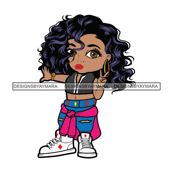 Cute Afro Girl Dancing Hip Hop Fingers Peace Sign Shoulder Length Wavy Hairstyle SVG JPG PNG Vector Clipart Cricut Silhouette Cut Cutting